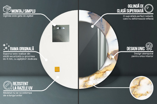 Runder spiegel mit dekorativem aufdruck weisser Marmor