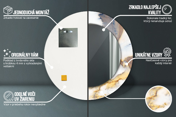 Runder spiegel mit dekorativem aufdruck weisser Marmor