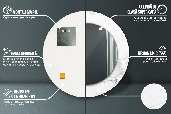 Runder spiegel mit dekorativem aufdruck weisser Marmor