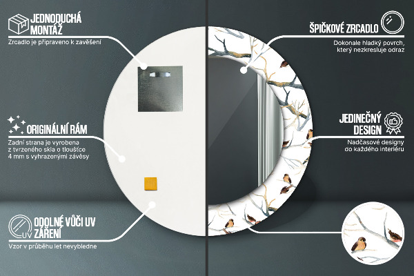 Runder spiegel bedrucktem rahmen Spatzen Vögel Zweige