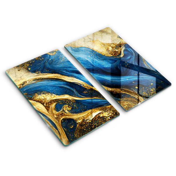 Herdabdeckplatte glas Blauer und goldener Marmor