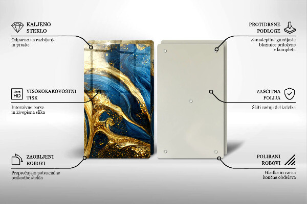 Herdabdeckplatte glas Blauer und goldener Marmor