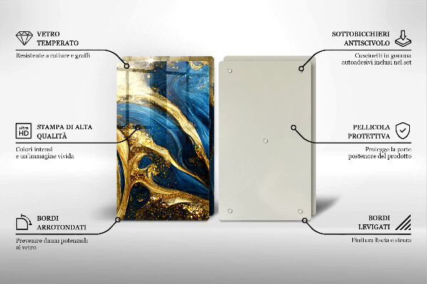 Herdabdeckplatte glas Blauer und goldener Marmor