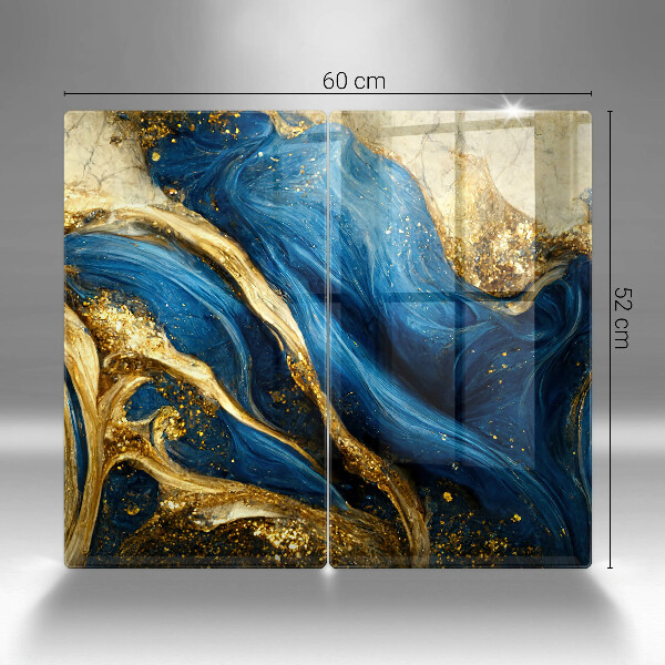 Herdabdeckplatte glas Blauer und goldener Marmor