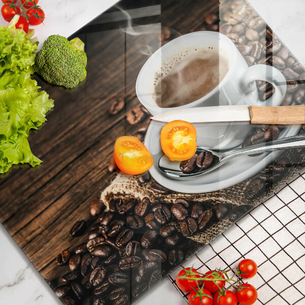Herdabdeckplatte glas Tasse und Kaffeebohnen