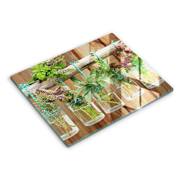 Herdabdeckplatte glas Kräuterpflanzen Vintage