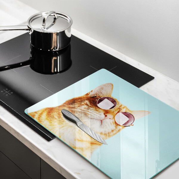 Herdabdeckplatte glas Rote Katze mit Brille