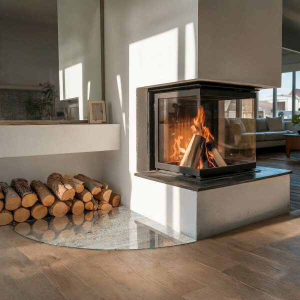 Bodenplatte Glas für Ofen Helle Holzstruktur