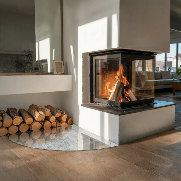 Bodenplatte Glas für Ofen Rohbetonstruktur