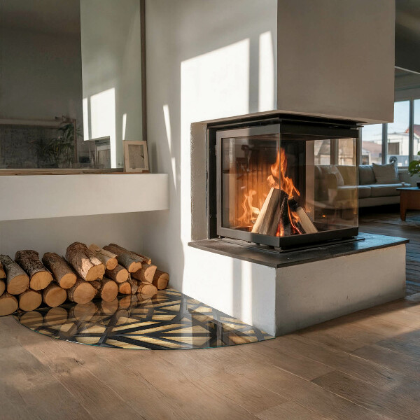 Vorlegeplatte für Kaminöfen Geometrie mit Holz