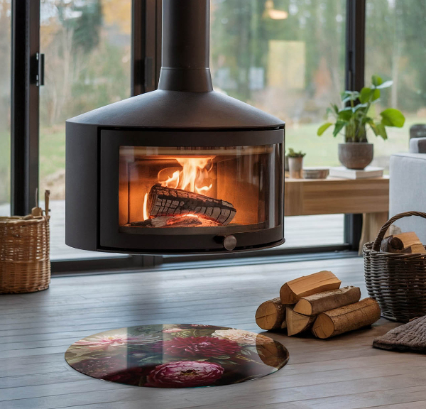 Runde Funkenschutzplatte Kaminöfen Blumenstrauß im Detail