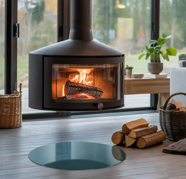 Runde Glasplatte für Kaminöfen Meeresfarbe