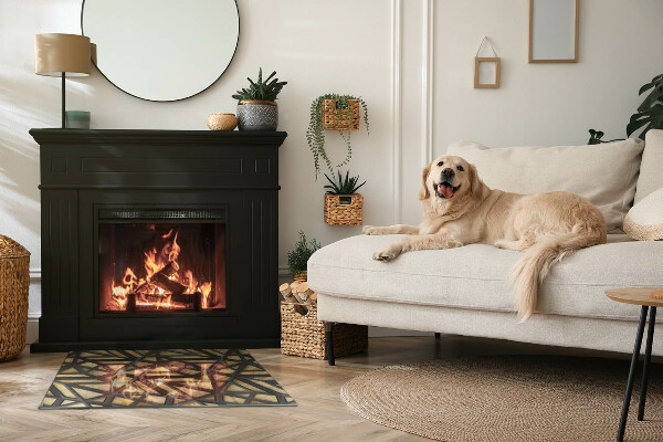 Rechteckige Funkenschutzplatte aus Glas Geometrie mit Holz