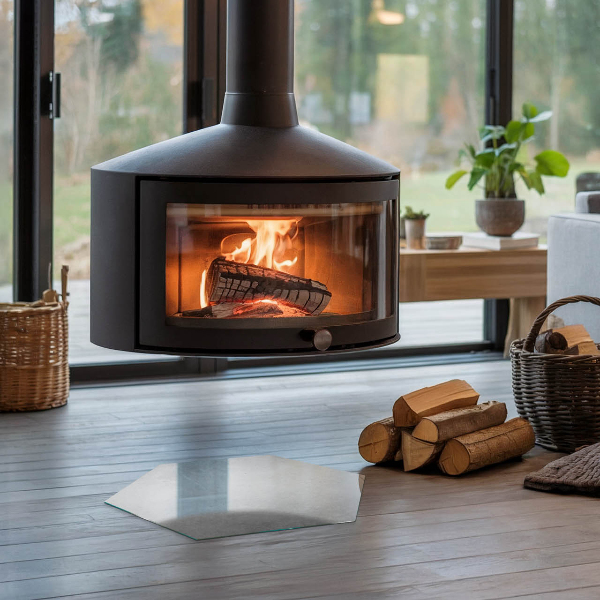 Sechseckige Glasplatte unter Kaminöfen Betonstruktur mit Effekt