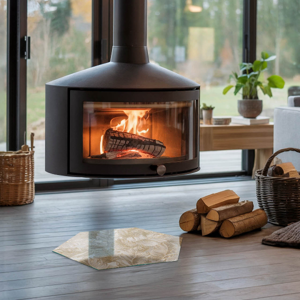 Sechseckige Glasplatte unter Kaminöfen Blätter in subtilen Mustern