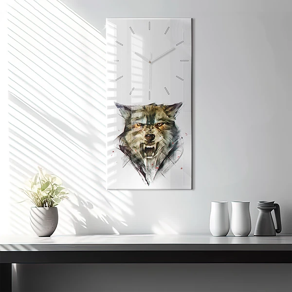 Vertikale Uhr mit motiv Gezeichnetes Porträt eines Wolfes