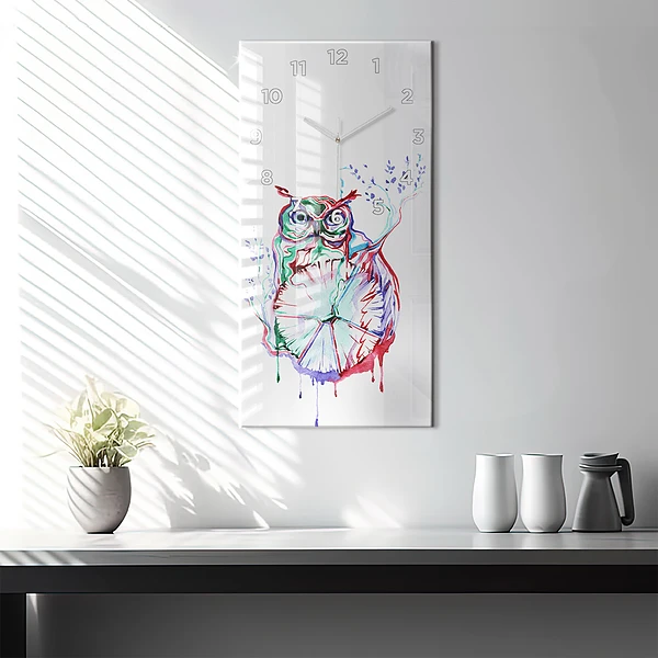 Vertikale Uhr mit motiv Illustration einer Eule und einer Uhr