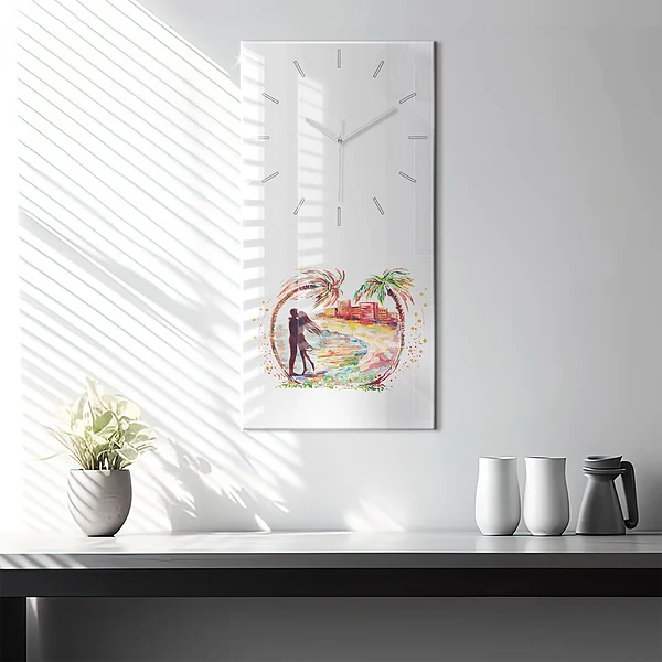Vertikale Uhr mit motiv Aquarell Liebe am Strand von Miami