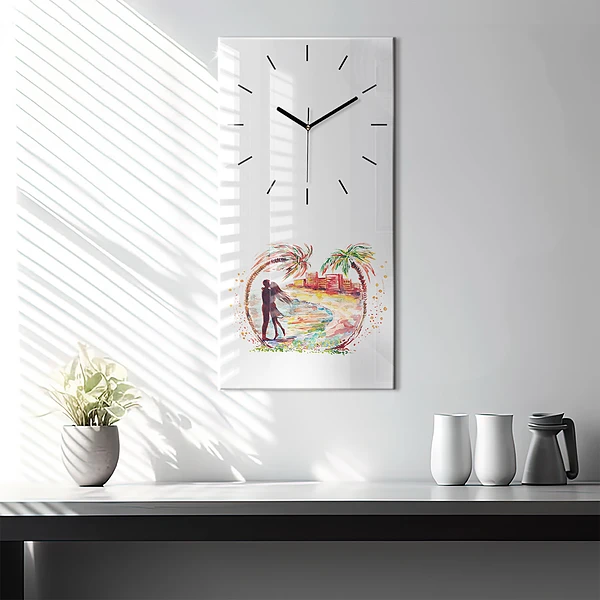 Vertikale Uhr mit motiv Aquarell Liebe am Strand von Miami