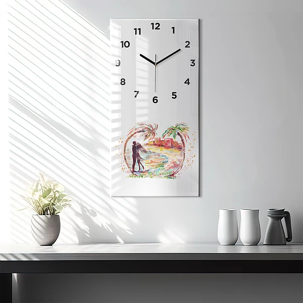 Vertikale Uhr mit motiv Aquarell Liebe am Strand von Miami