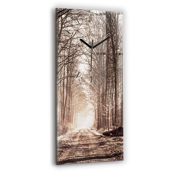 Vertikale Uhr mit motiv Waldweg in Sepia