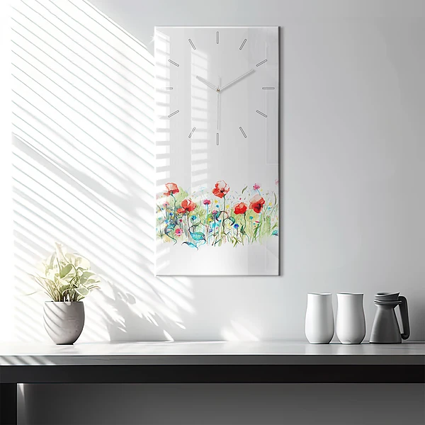 Vertikale Uhr mit motiv Mohnblumen auf einer Wiese