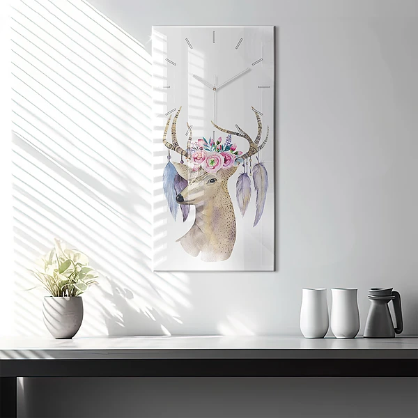 Vertikale Uhr mit motiv Hirschkopf und Blumen