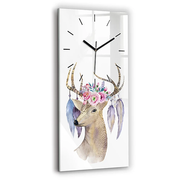 Vertikale Uhr mit motiv Hirschkopf und Blumen