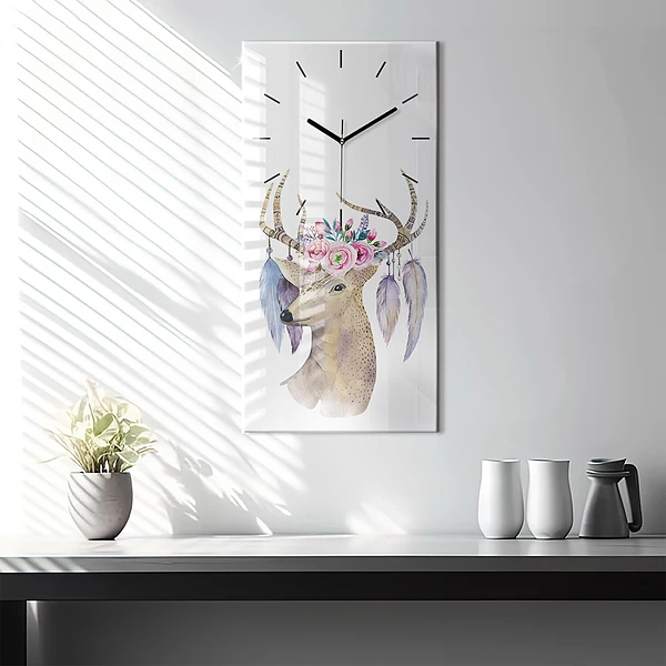 Vertikale Uhr mit motiv Hirschkopf und Blumen