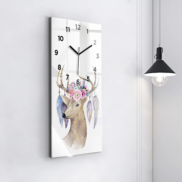 Vertikale Uhr mit motiv Hirschkopf und Blumen