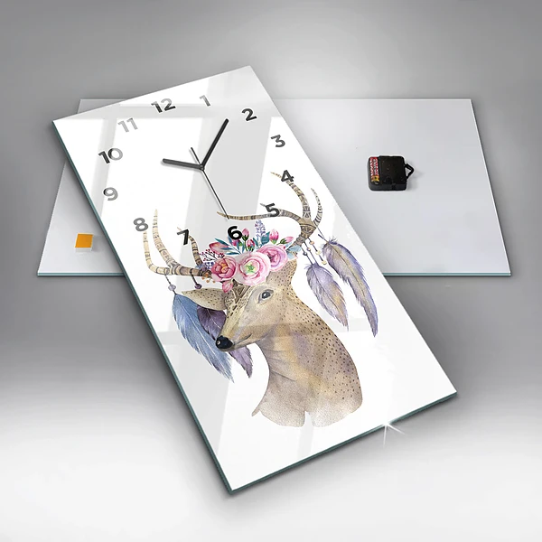 Vertikale Uhr mit motiv Hirschkopf und Blumen