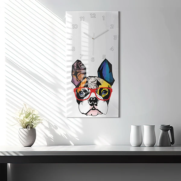 Vertikale Uhr mit motiv Französische Bulldogge mit Brille