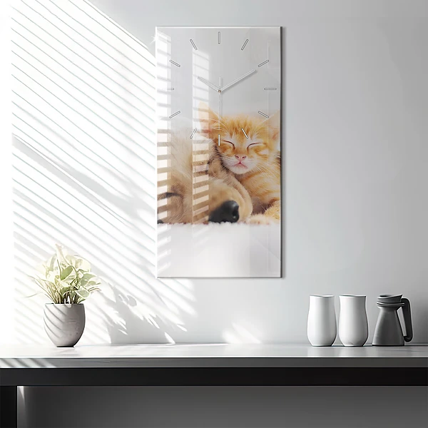 Vertikale Uhr mit motiv Schlafende Katze und Hund
