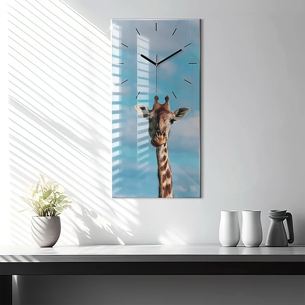 Vertikale Uhr Große Giraffe vor einem Himmelshintergrund