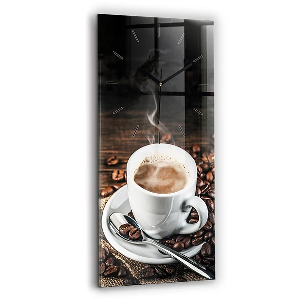 Vertikale Uhr Tasse und Kaffeebohnen