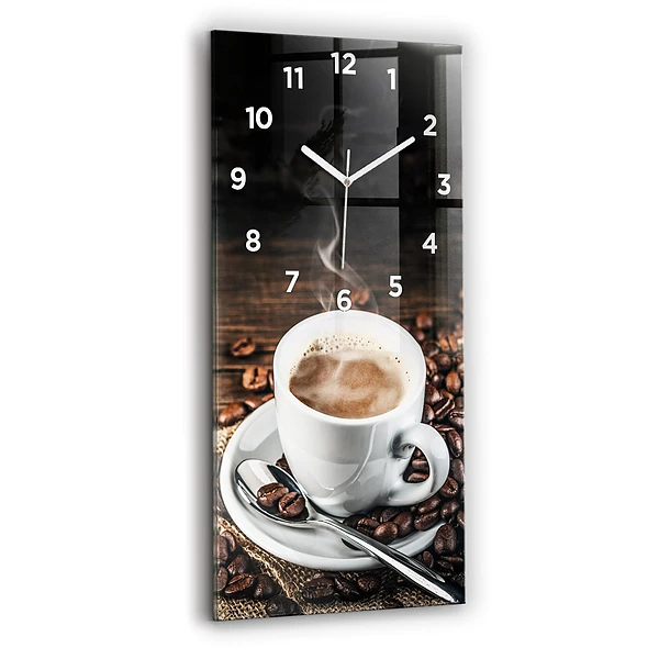 Vertikale Uhr Tasse und Kaffeebohnen