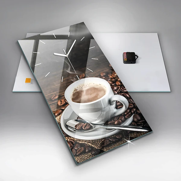 Vertikale Uhr Tasse und Kaffeebohnen