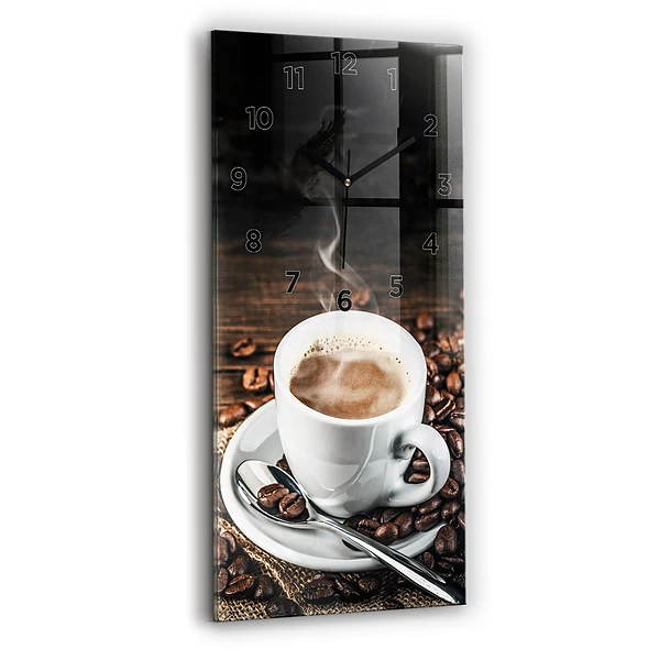 Vertikale Uhr Tasse und Kaffeebohnen