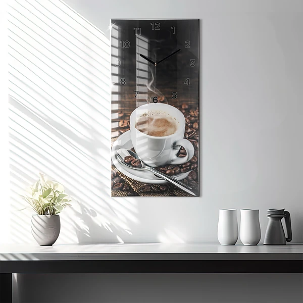 Vertikale Uhr Tasse und Kaffeebohnen