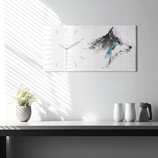 Horizontale Uhr mit motiv Profil eines gemalten Wolfes