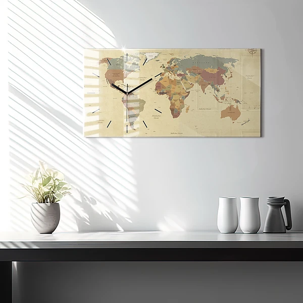 Horizontale Uhr mit motiv Weltkarte im Vintage-Stil