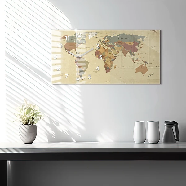 Horizontale Uhr mit motiv Weltkarte im Vintage-Stil