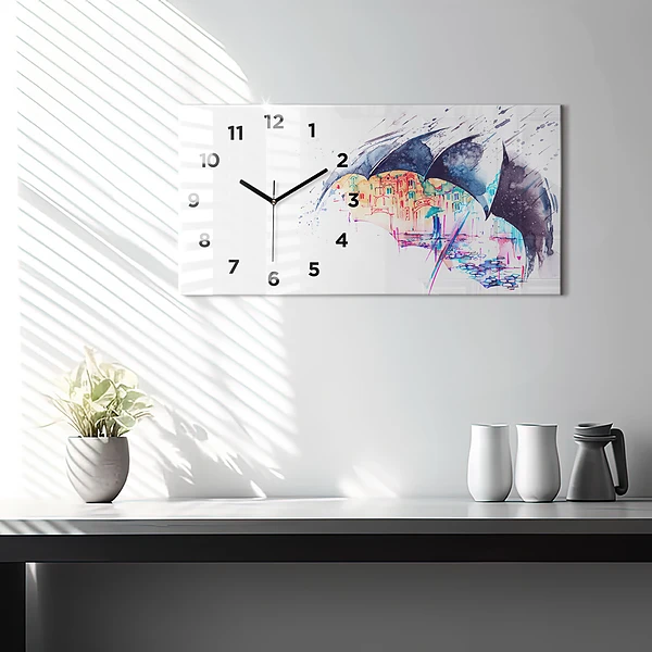 Horizontale Uhr mit motiv Regenschirm und Stadt