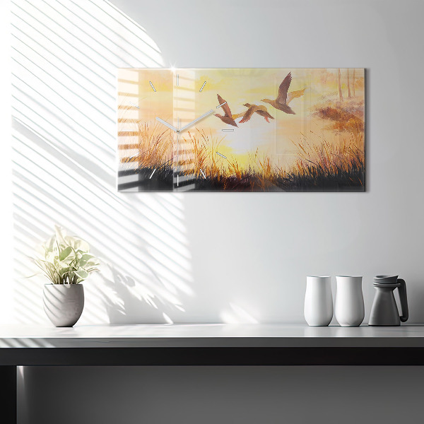 Horizontale Uhr mit motiv Kraniche bei Sonnenuntergang