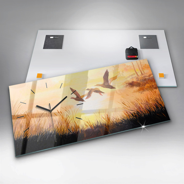 Horizontale Uhr mit motiv Kraniche bei Sonnenuntergang