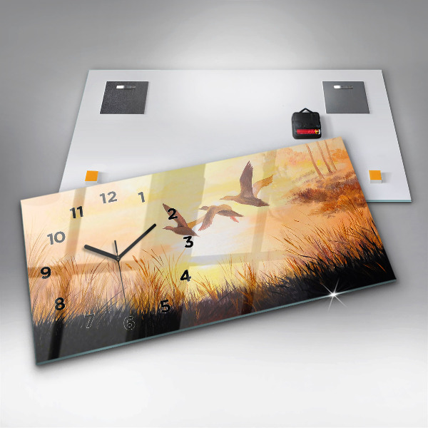 Horizontale Uhr mit motiv Kraniche bei Sonnenuntergang