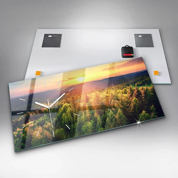 Horizontale Uhr mit motiv Sonnenuntergang über den Hügeln