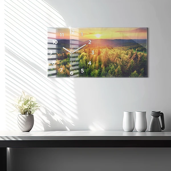 Horizontale Uhr mit motiv Sonnenuntergang über den Hügeln