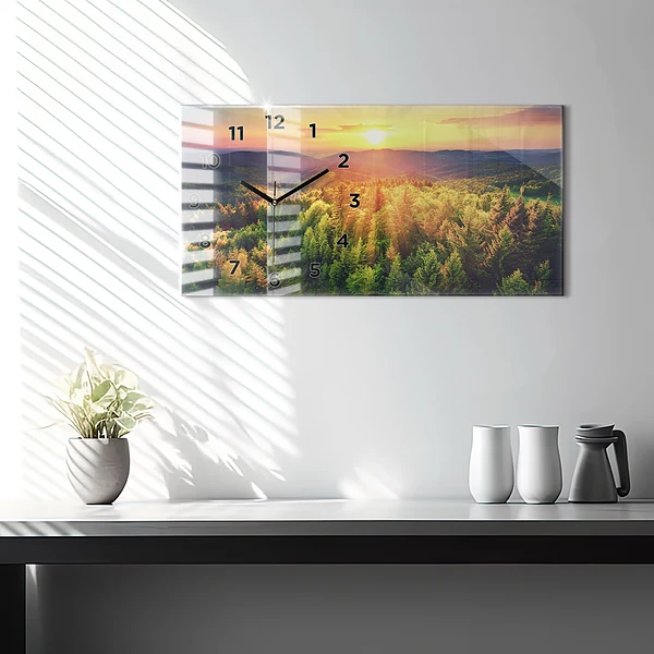 Horizontale Uhr mit motiv Sonnenuntergang über den Hügeln