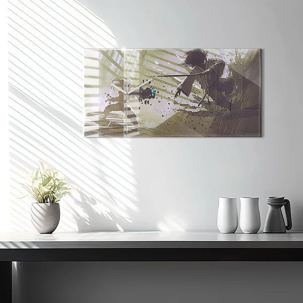 Horizontale Uhr Kampf zwischen Roboter und Samurai